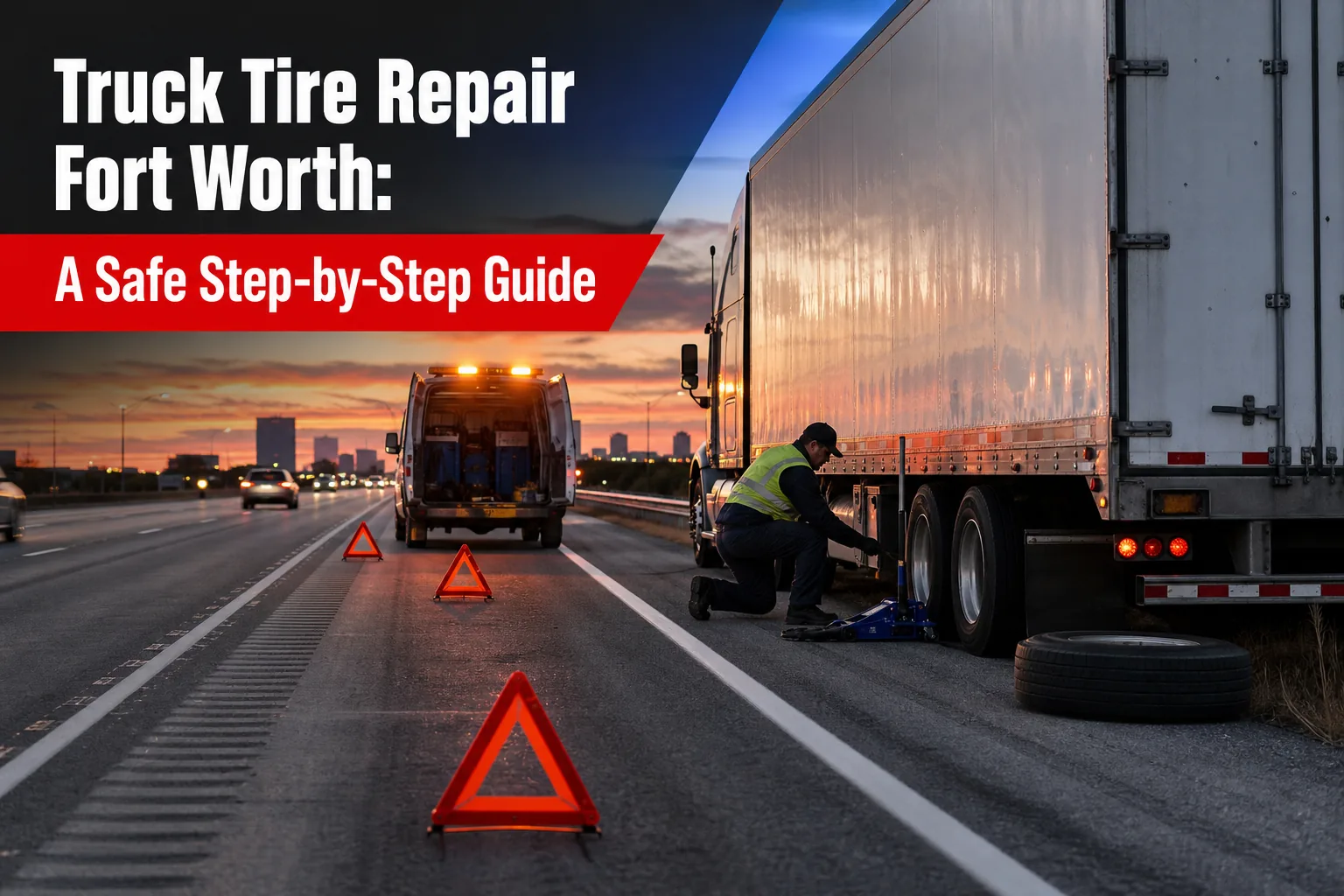 Truck tire repair safety setup on a highway shoulder
