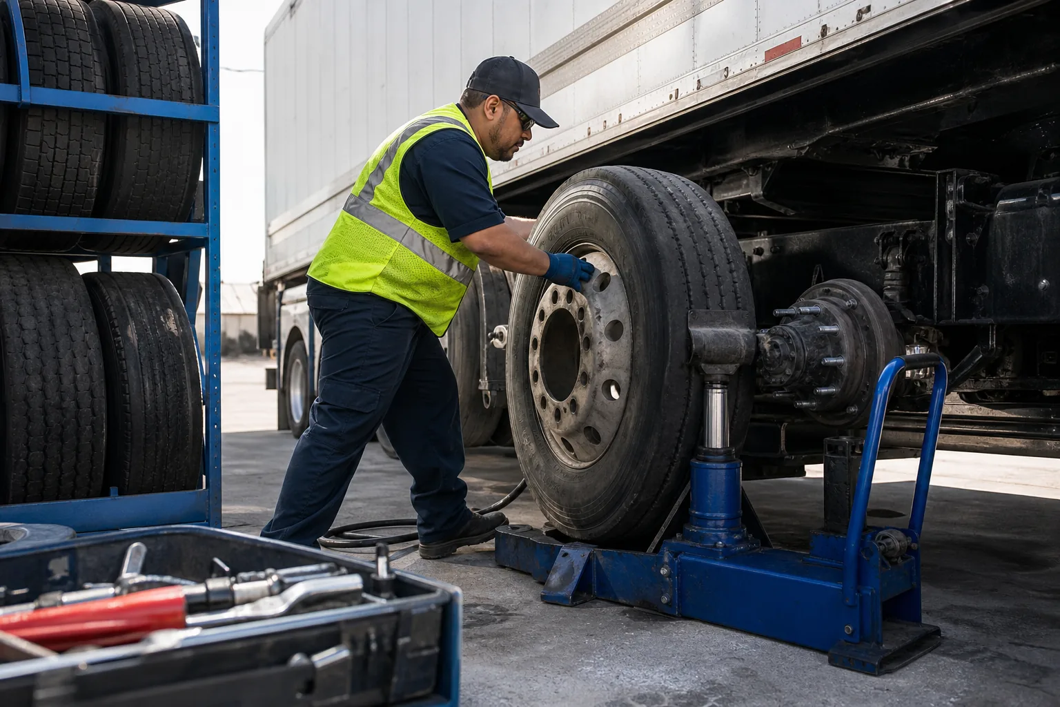 Technician inspecting truck tire on site