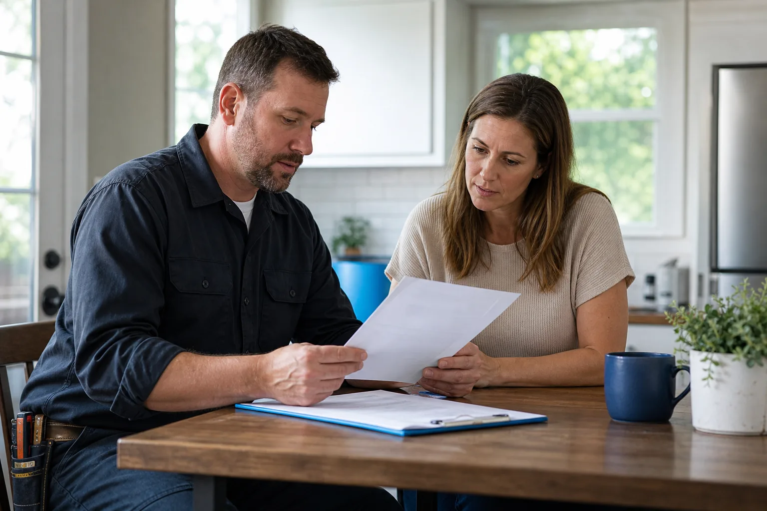Homeowner checking an HVAC contractor’s license and insurance documents.