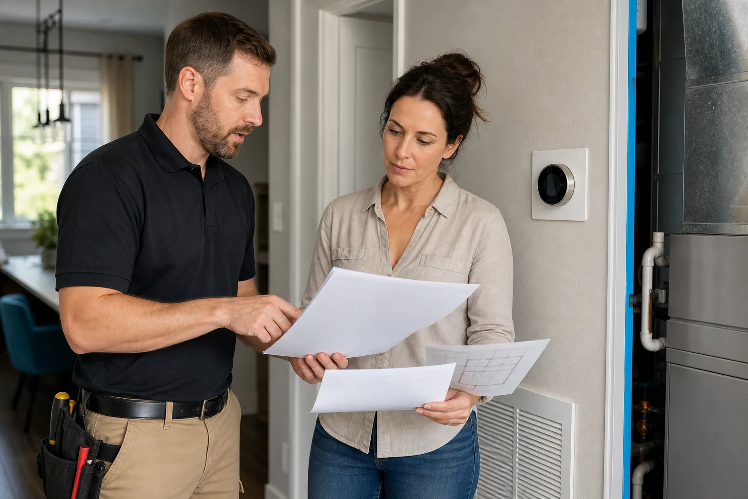 Homeowner reviewing an HVAC estimate, warranty terms, and permit plan.