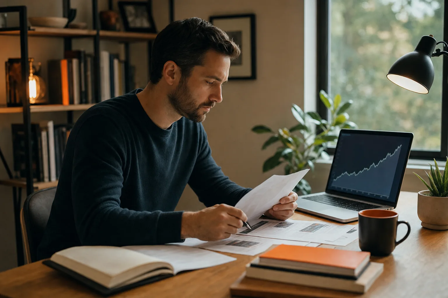 SaaS founder studying indie hacker interviews and business case studies.