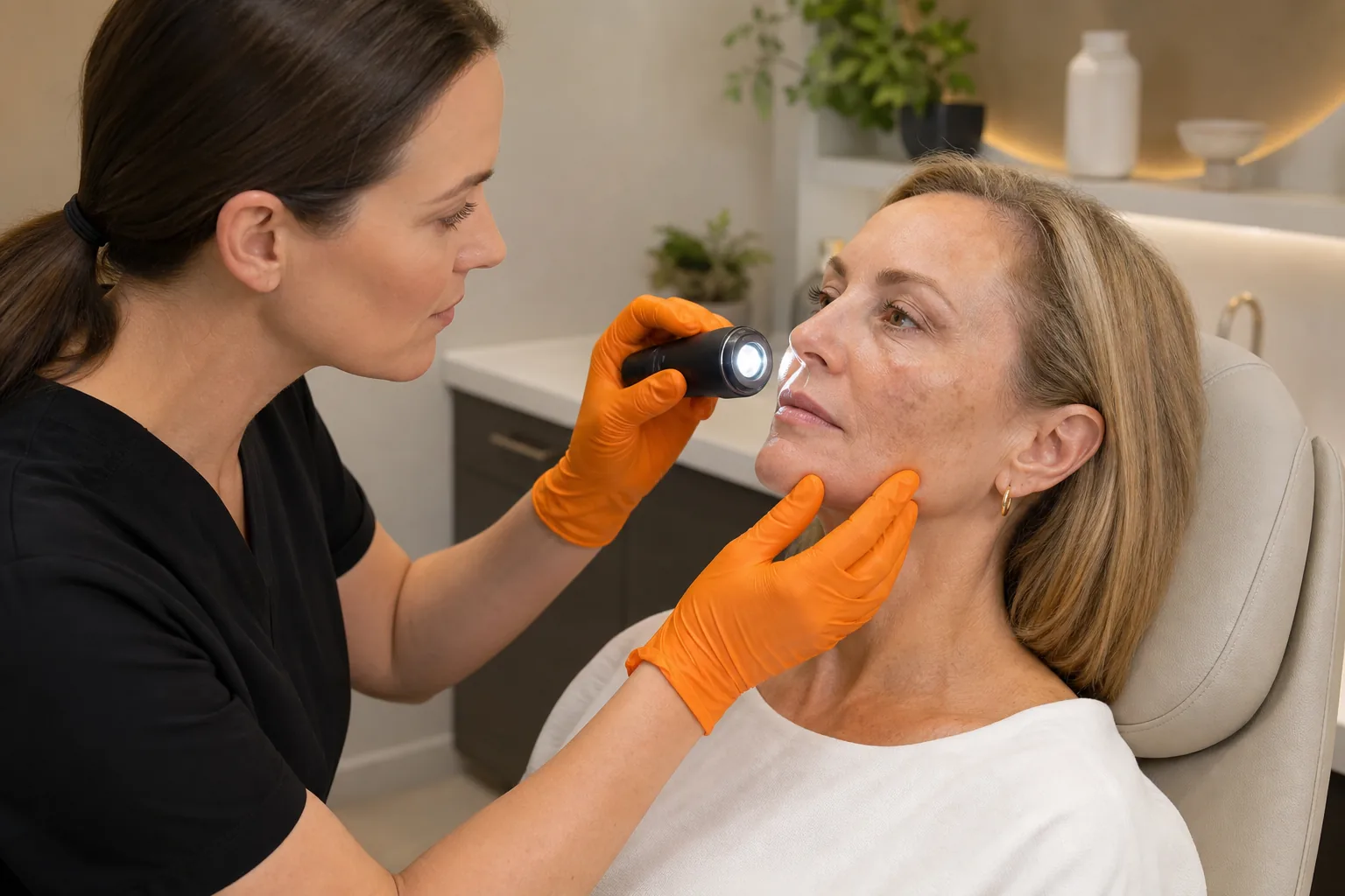 Clinician assessing age spots and skin tone before laser resurfacing in the United States.