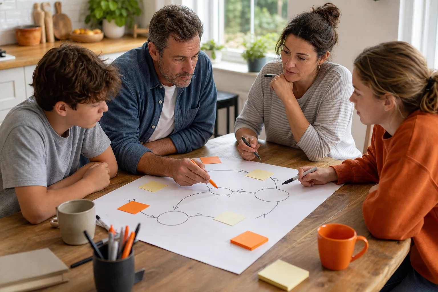 Family conflict mapping session illustration.