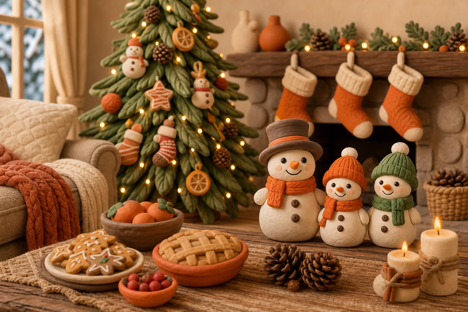 Rustic wooden snowman Christmas ornaments with colorful food themed holiday decor.