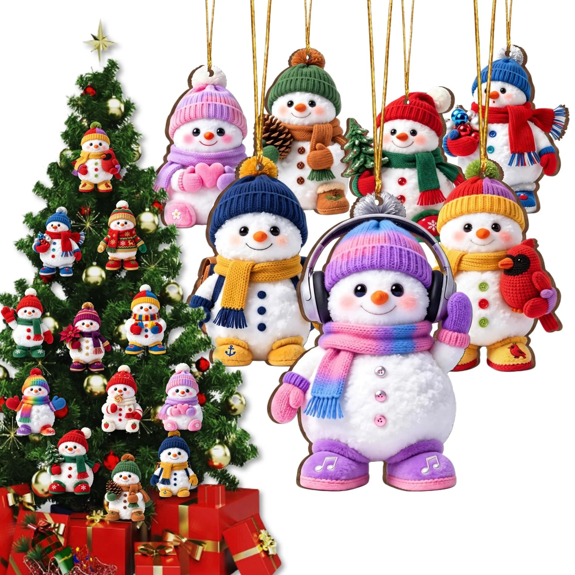 Colorful wooden snowman dog Christmas ornaments on a family tree