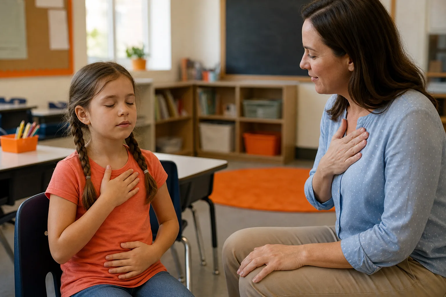 Child using CBT breathing technique in school