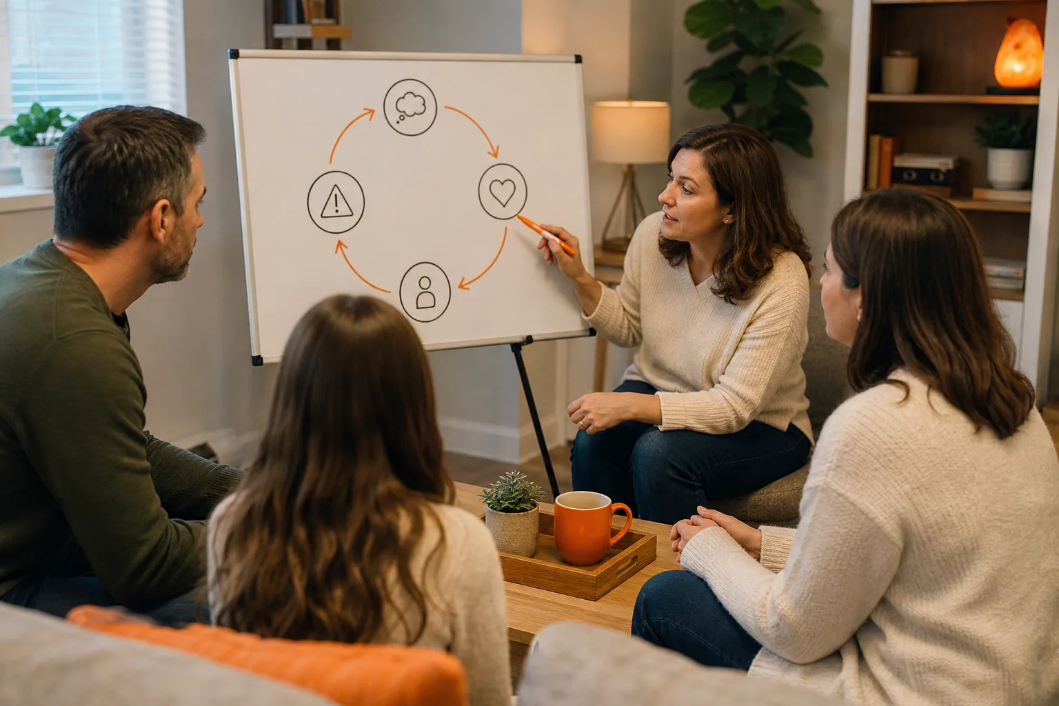 Family therapy session illustrating anxiety cycle diagram