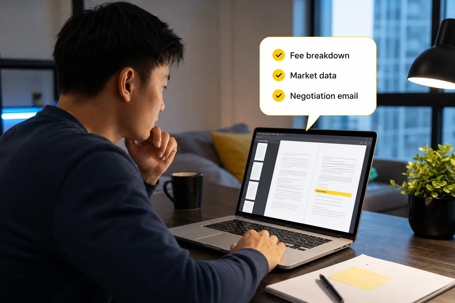 Renter reviewing lease renewal fee on laptop
