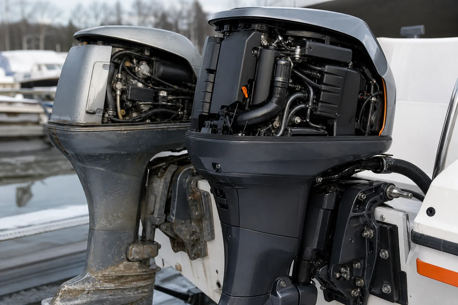 Motorbyte vinter, båtplats i bakgrunden