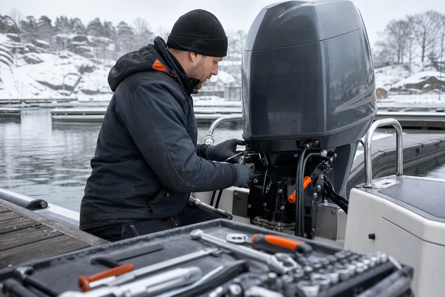 Motorinstallation vinter, Lidingö hamn