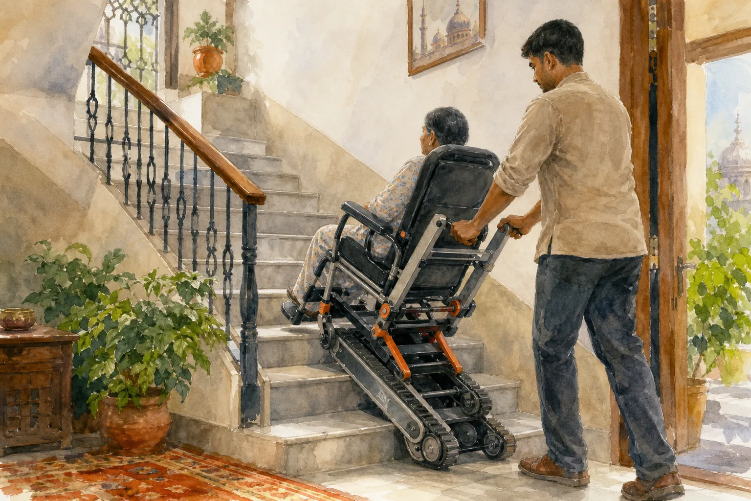 Stair‑climbing wheelchair mechanism in Indian home