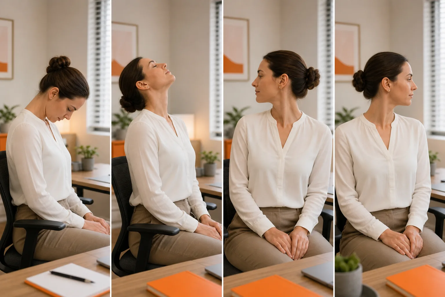 Gentle neck movement exercises for office workers.