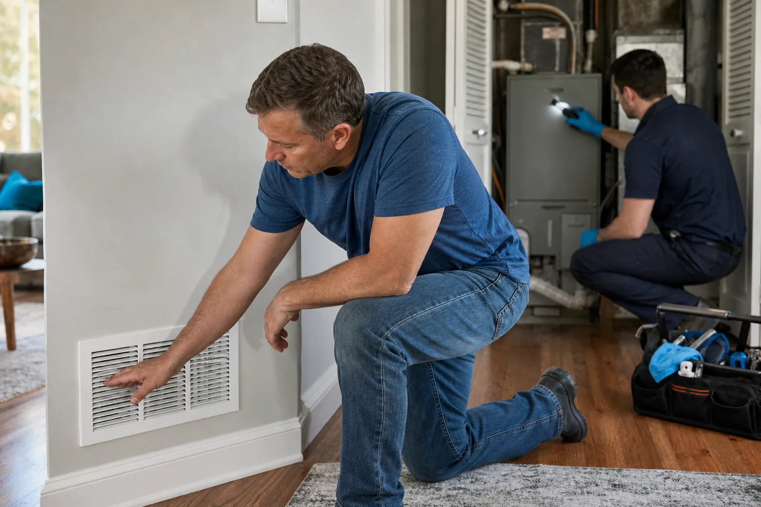 Homeowner checking AC airflow for signs of low refrigerant.