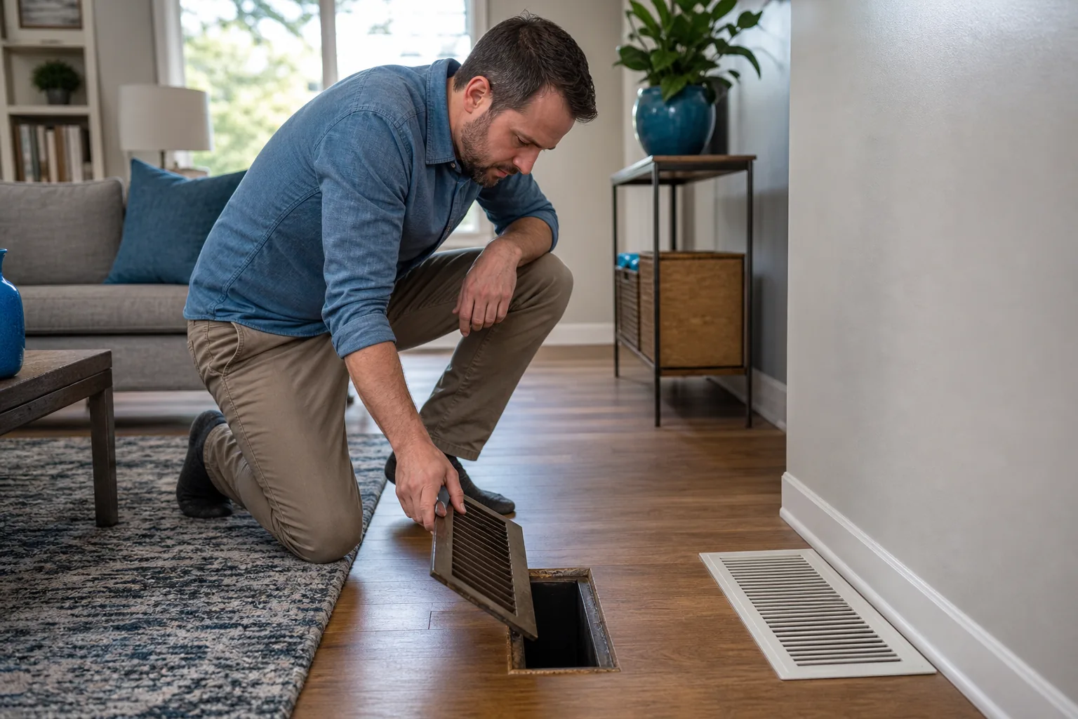 Homeowner checking supply vent and return grille airflow in a Northern California house.