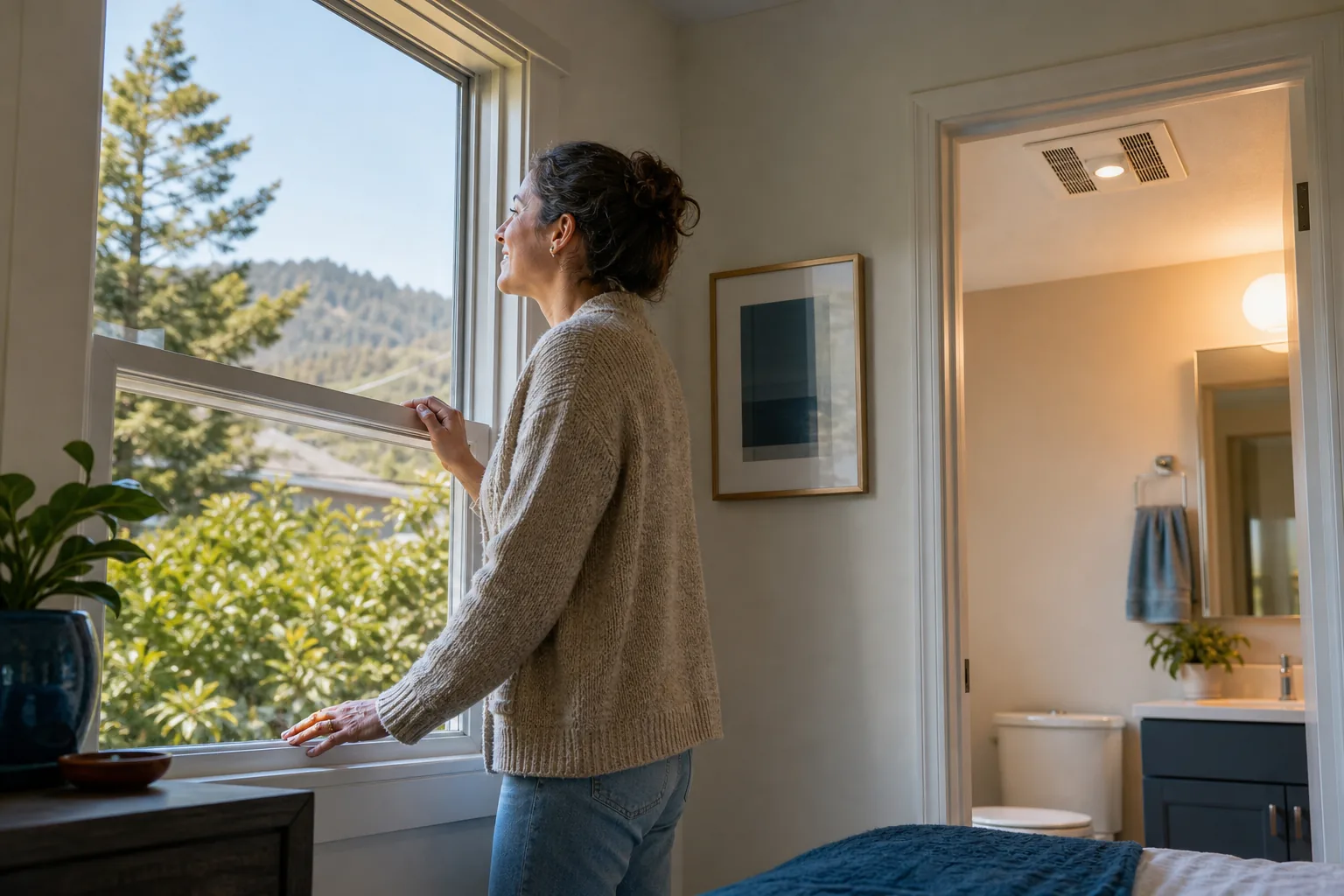 Safe window ventilation and exhaust fan use in a Northern California home.