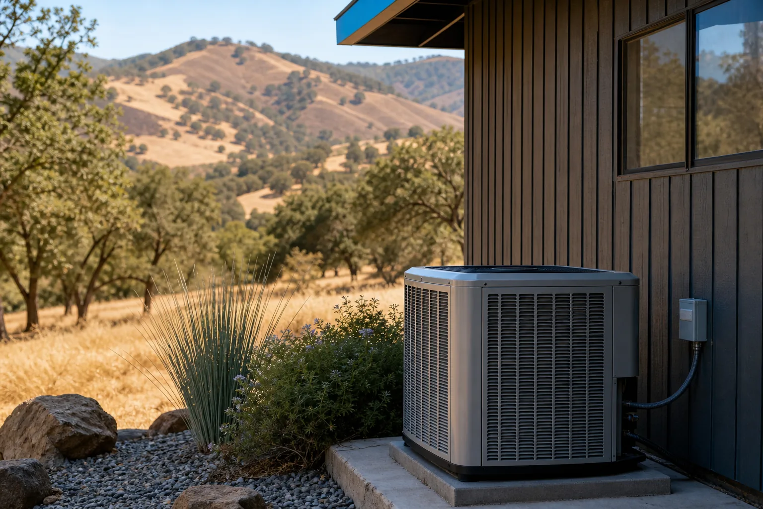 Central air conditioner outside a home in California foothills.
