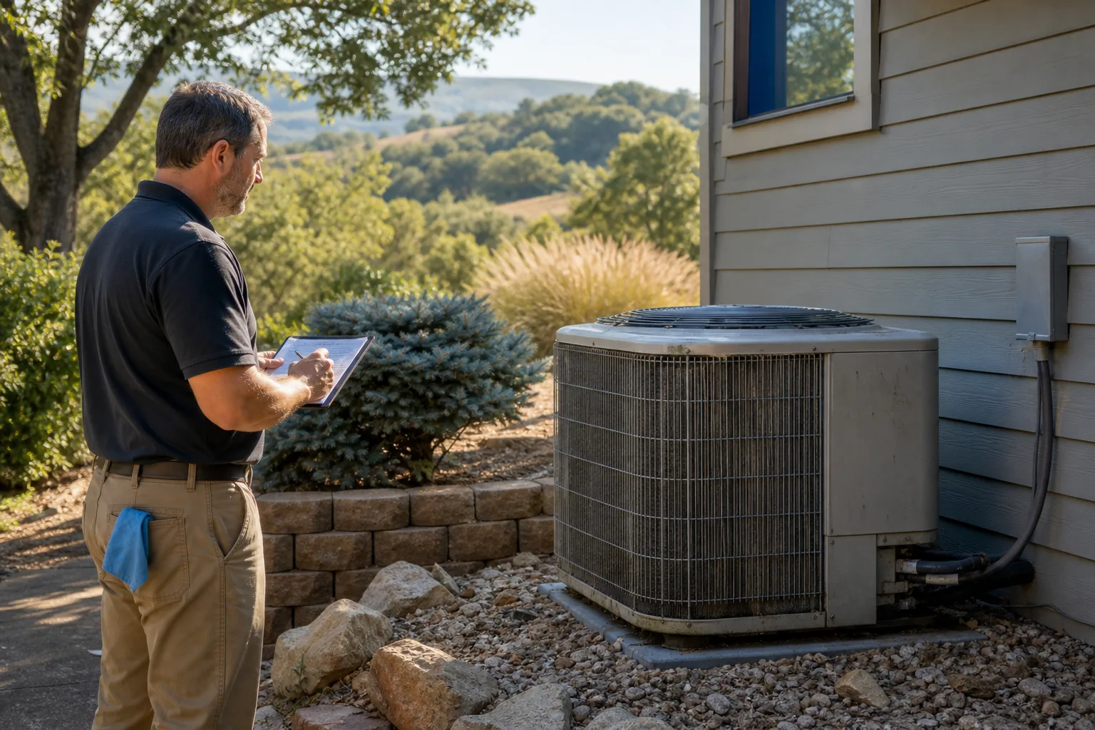 Homeowner checking an older central air conditioner for signs of wear.