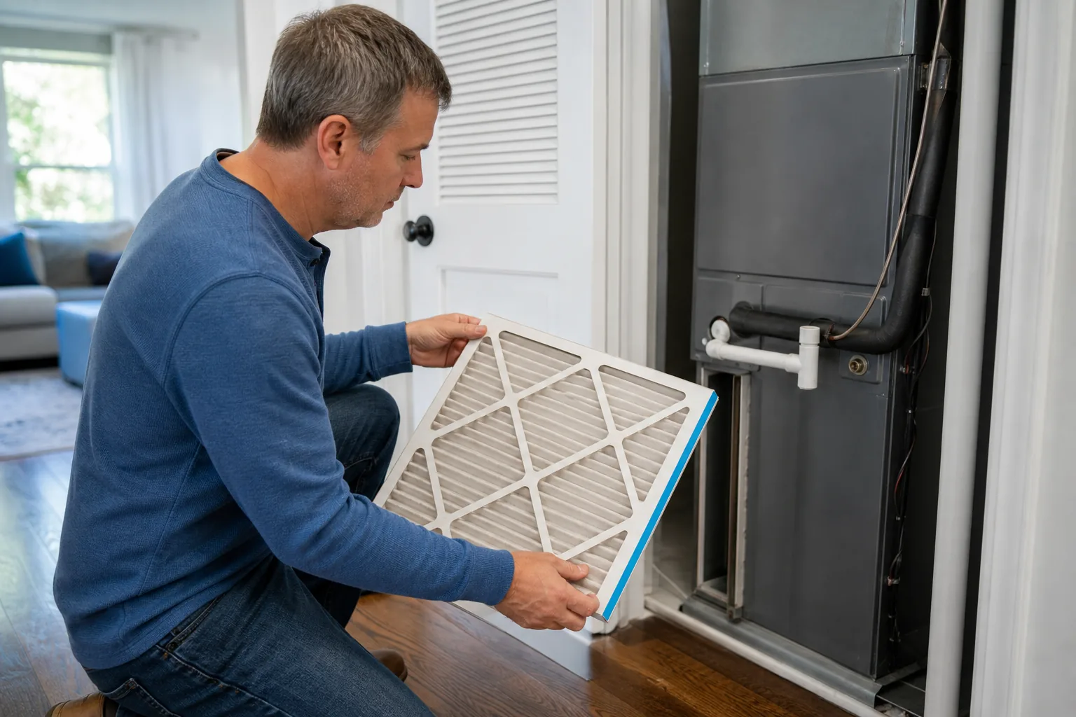 Homeowner checking HVAC air filter size near an indoor air handler.