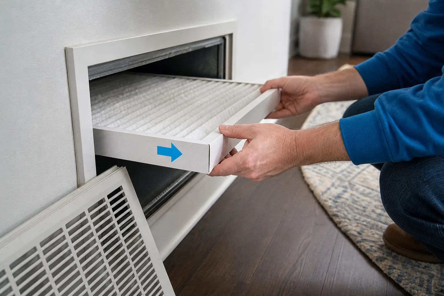 Installing a new HVAC filter with the airflow arrow pointing toward the air handler.