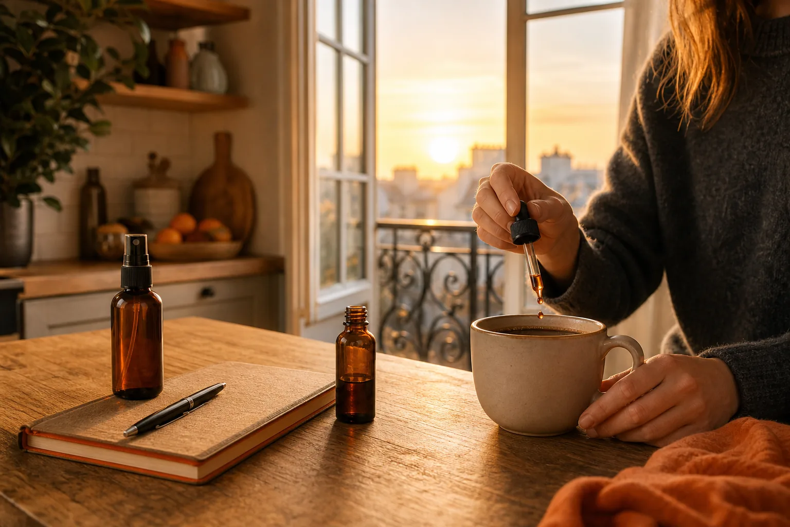 Routine wellness scene with chaga liquid drops and spray.