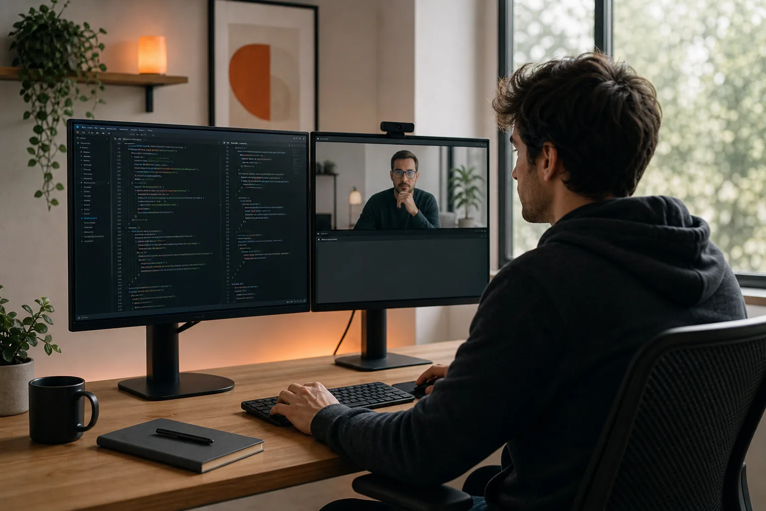 Desktop layout for a coding interview overlay beside an IDE.