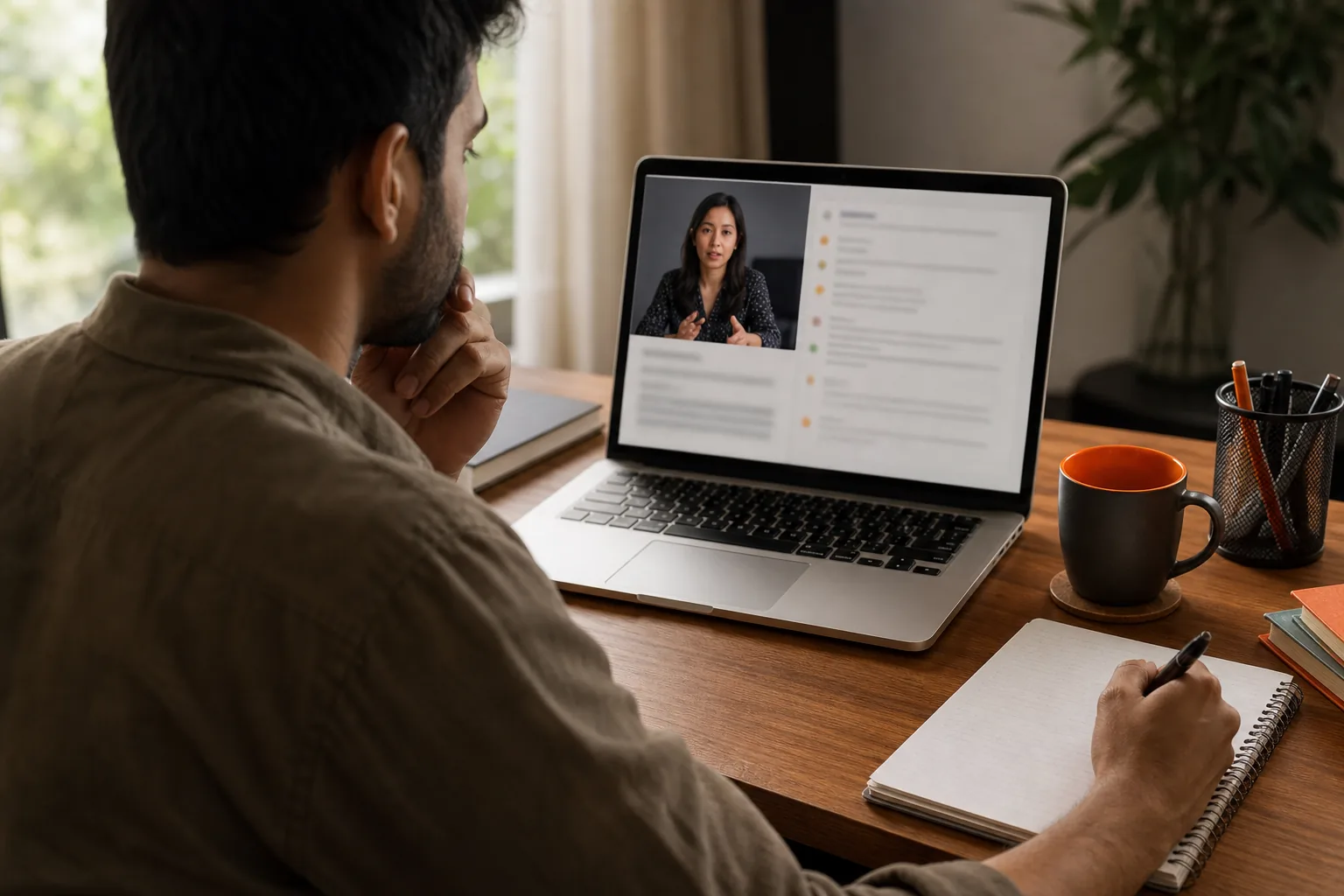 Candidate checking a live interview transcript while keeping attention on the interviewer.