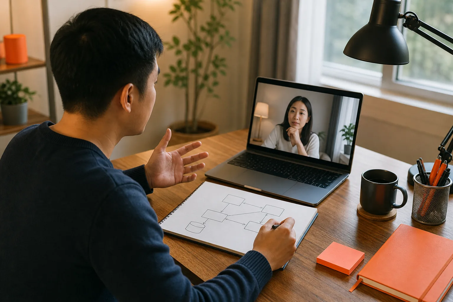 Engineer rehearsing Mandarin-English system design and behavioral interview transitions.