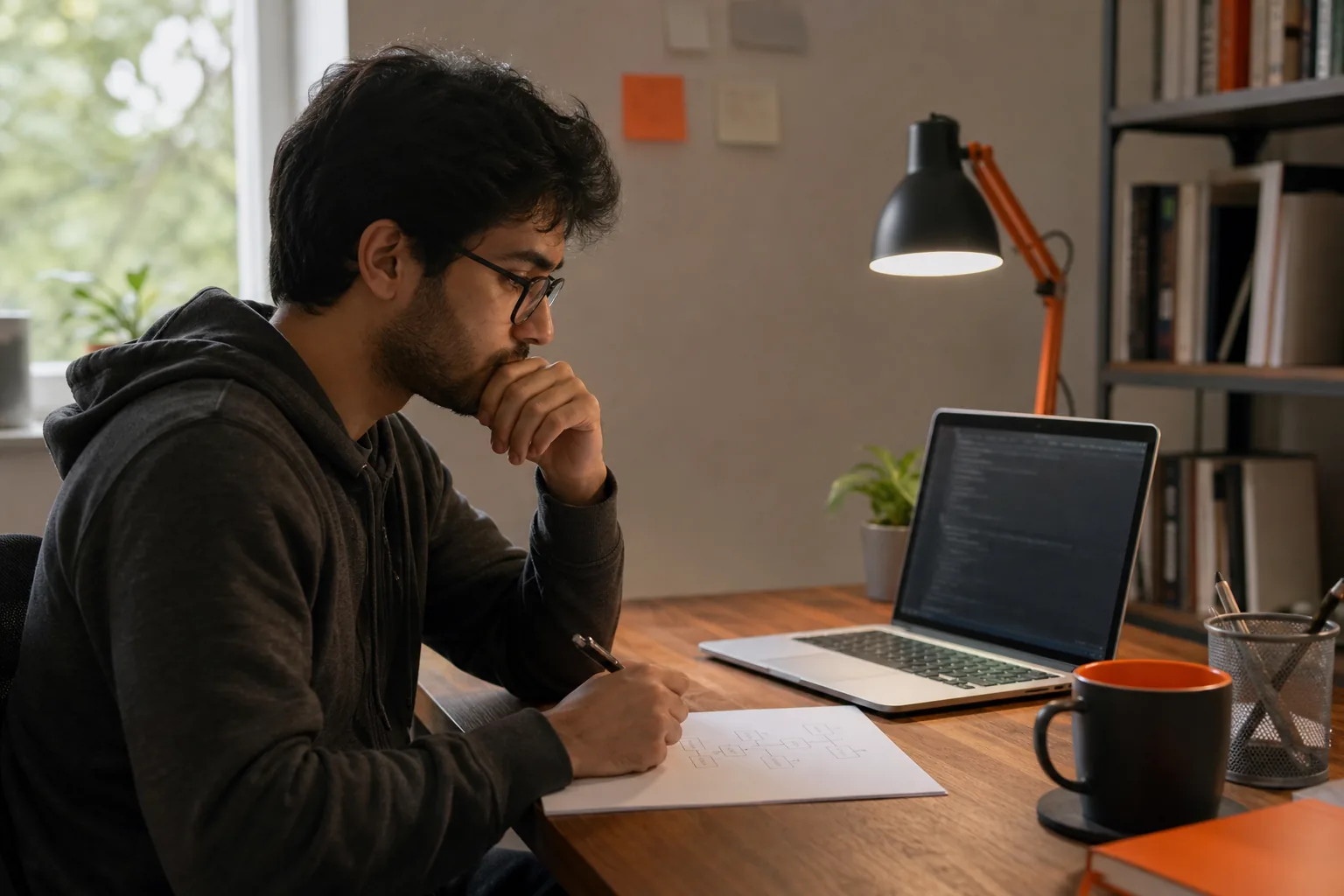 Programmer using a brief pause to reset during coding practice.