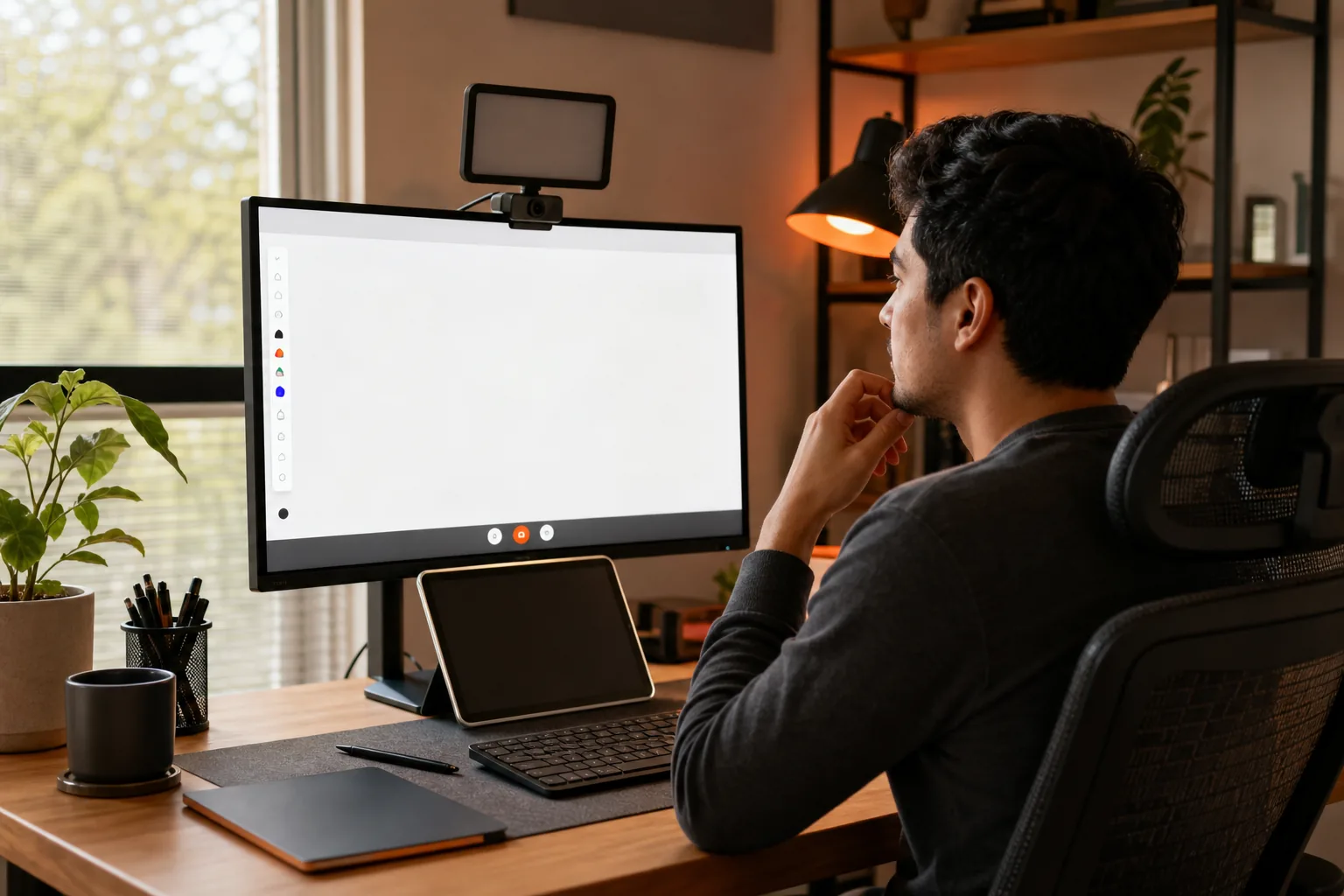 Desktop setup for a whiteboard interview mock with a prompter near the webcam.