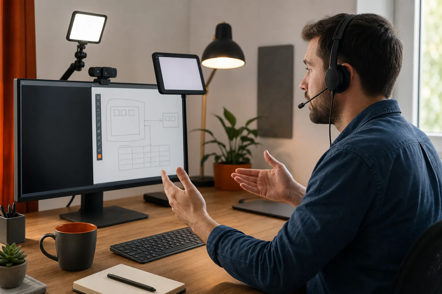 Camera, lighting, audio, and prompt placement for a desktop whiteboard interview.