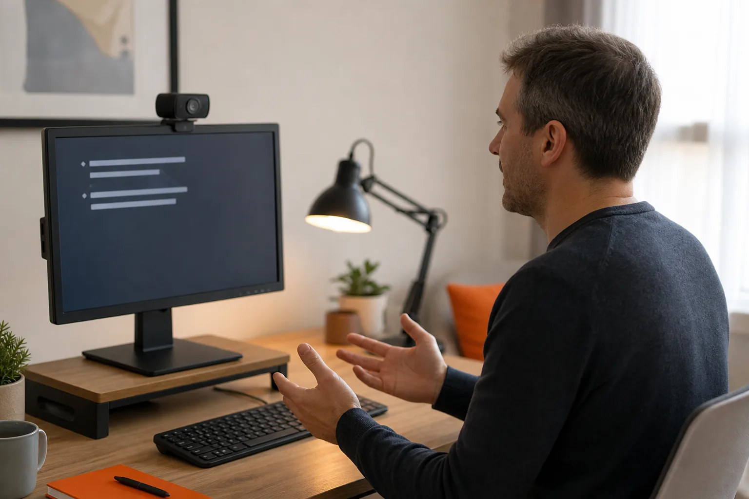 Desktop interview prompter display positioned close to a webcam