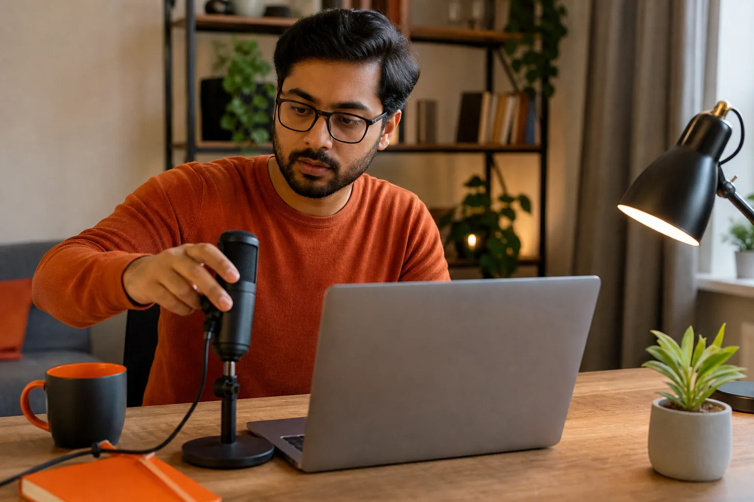 Engineer checks microphone setup before a mock interview.