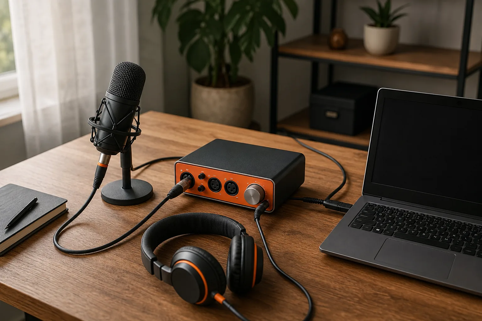 Audio interface routing for mock interview microphone and headphones.