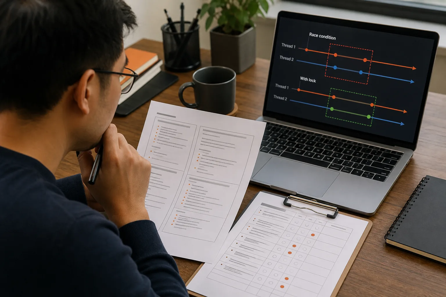 Reviewing a concurrency interview transcript with thread timeline and debugging score sheet.