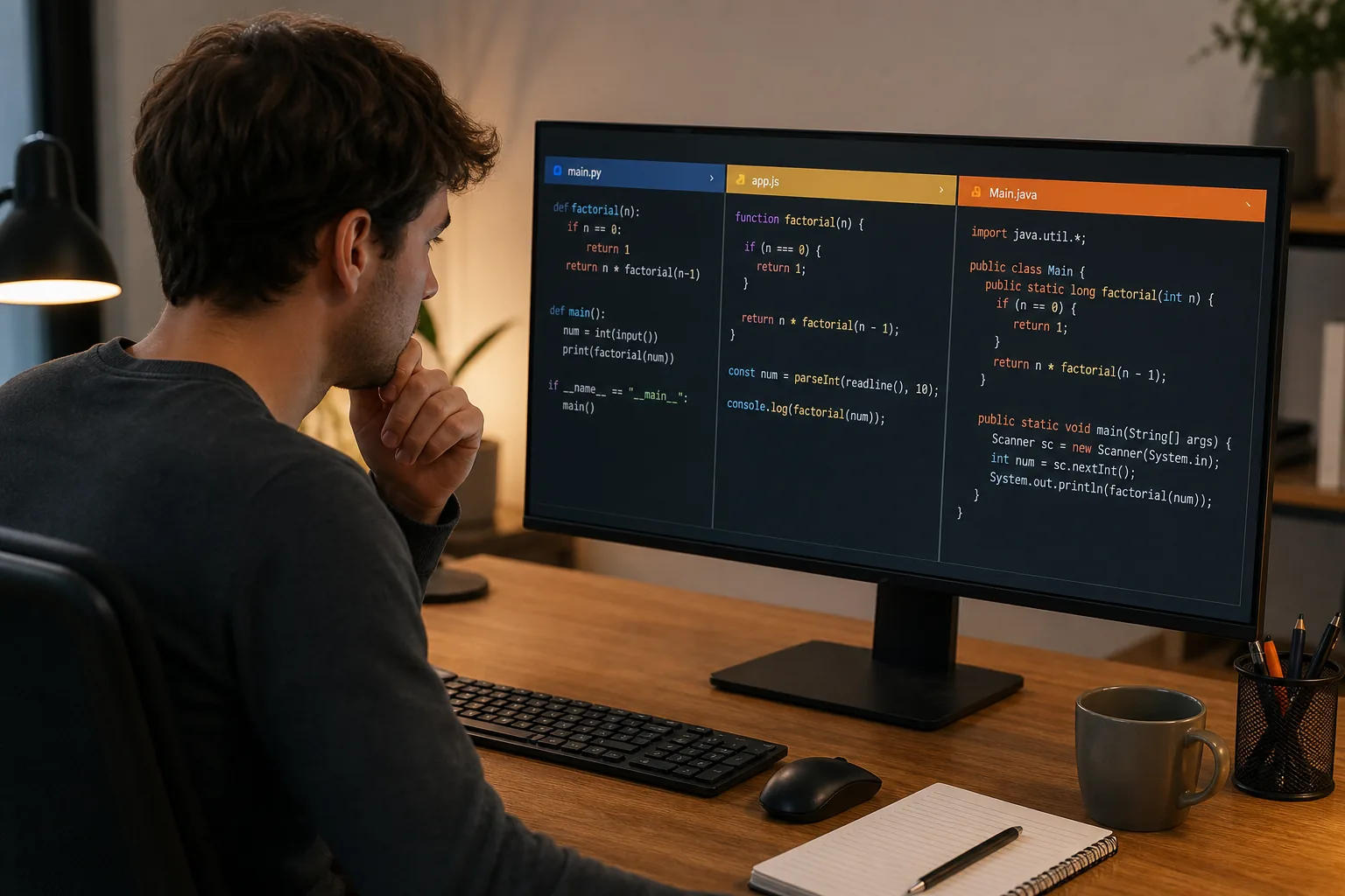 Language-specific code snippet profiles in a coding interview editor.