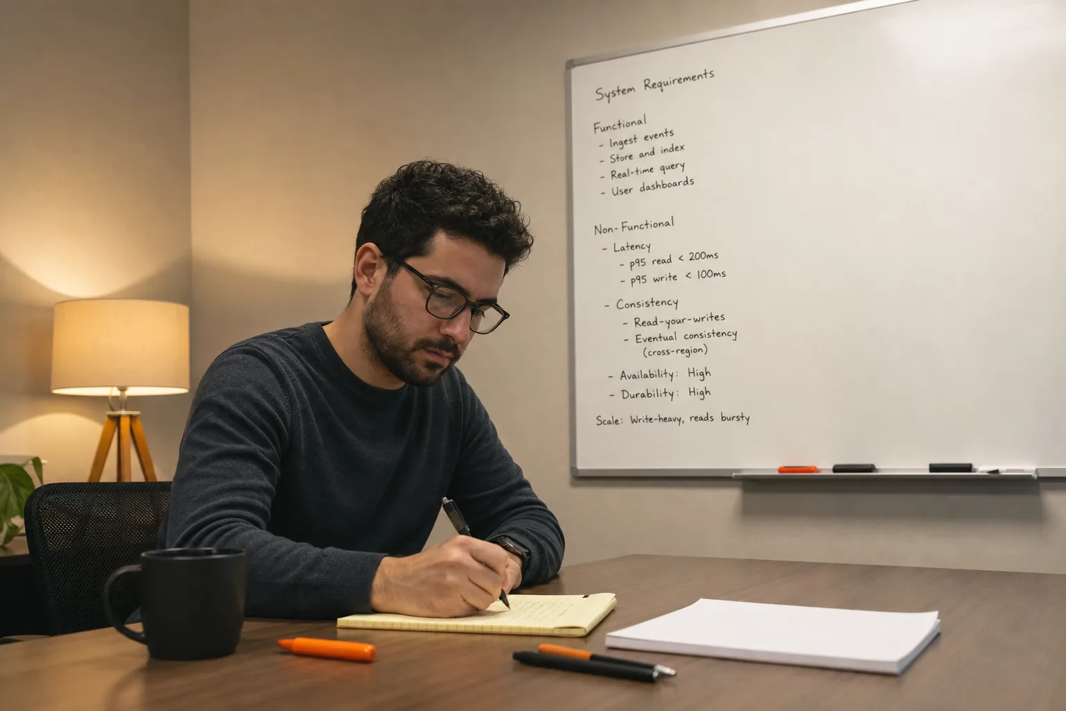 Engineer gathering distributed system requirements before drawing a whiteboard architecture.