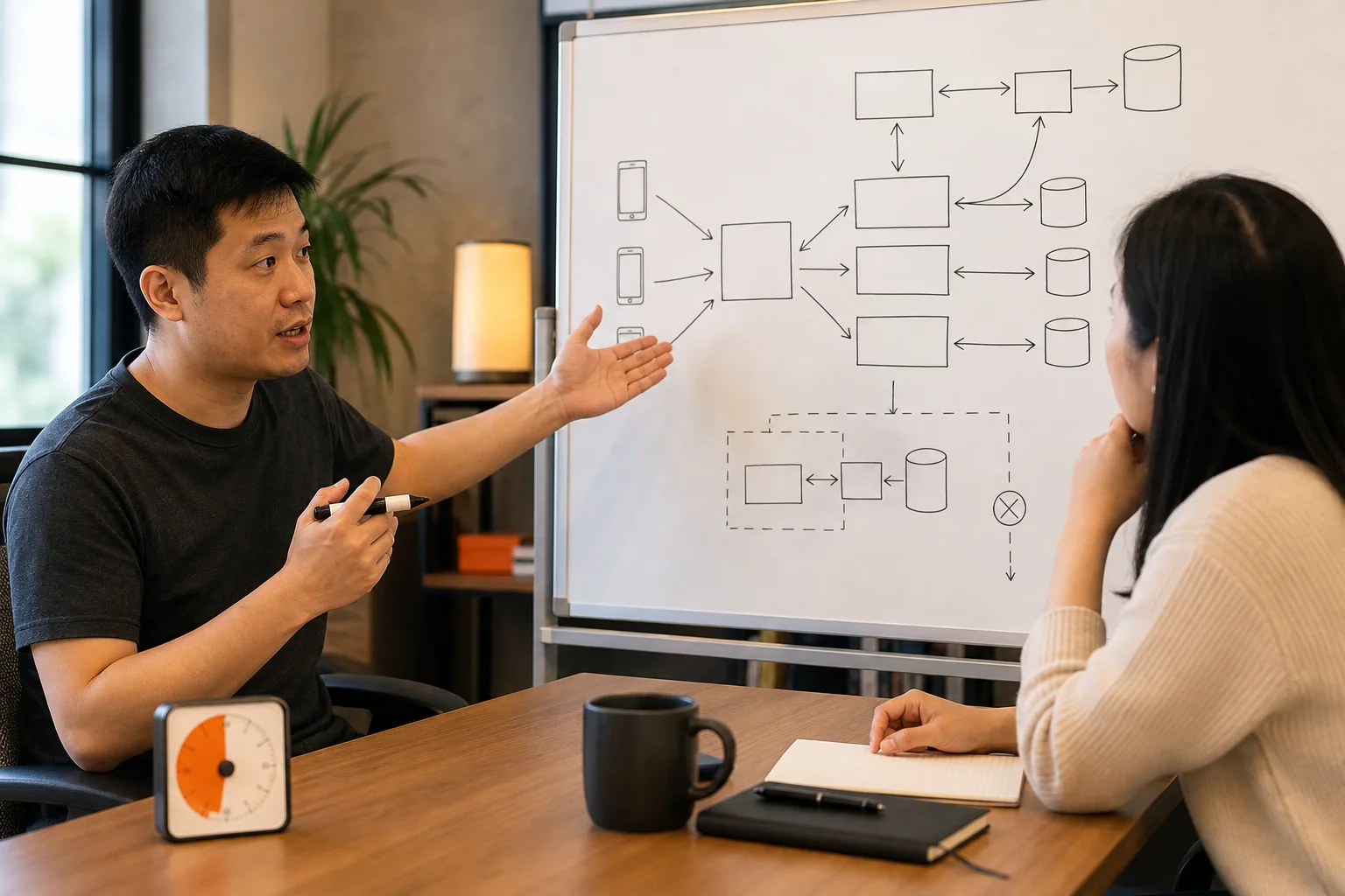 Timed distributed systems mock interview with whiteboard architecture and failure scenarios.