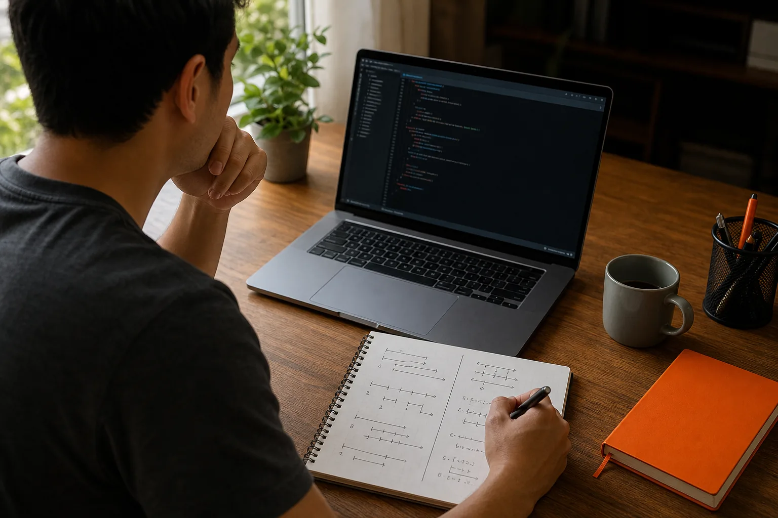 Go interview practice setup with a coding prompt and handwritten notes.