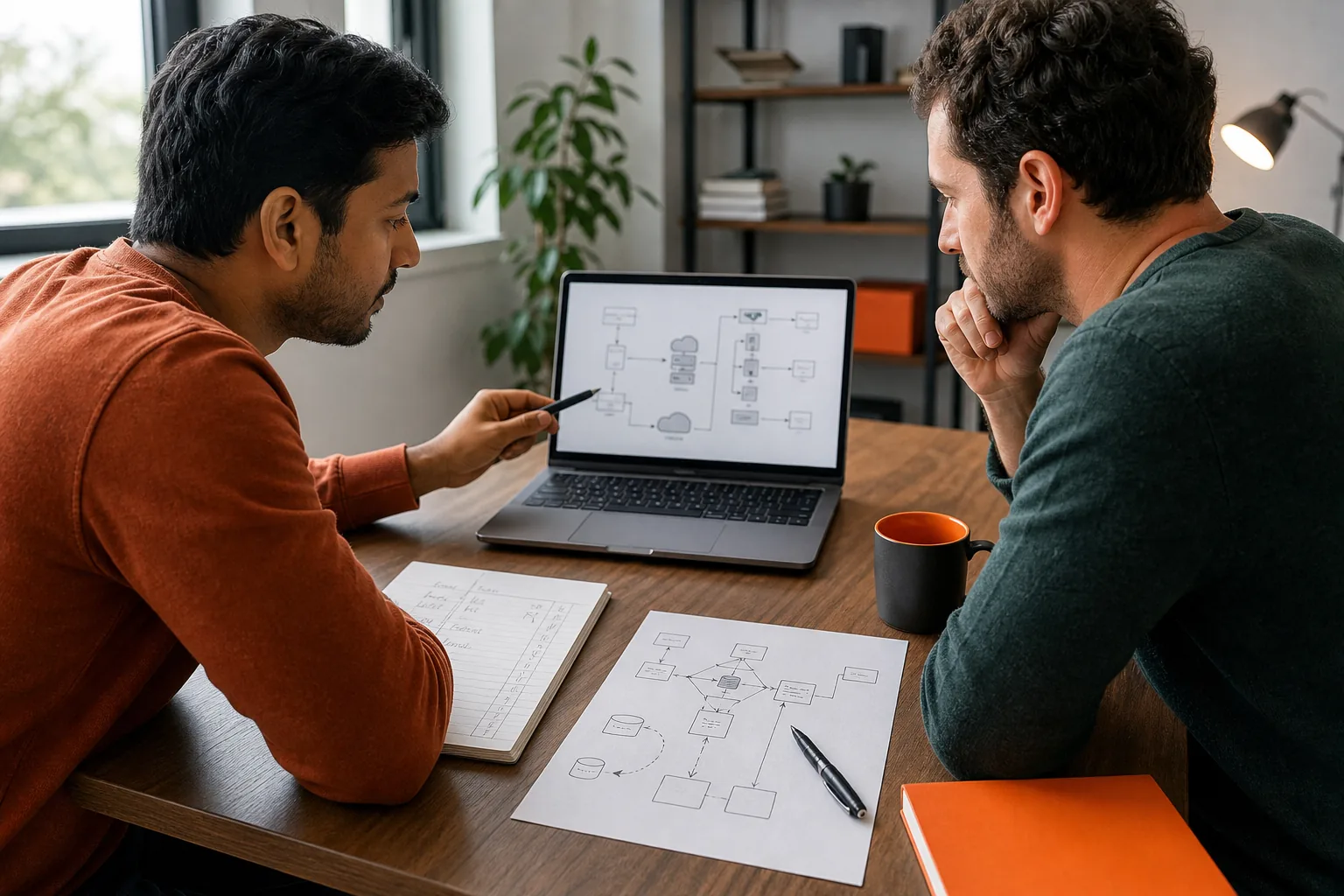Engineers reviewing an API scaling mock interview and planning the next practice drill.
