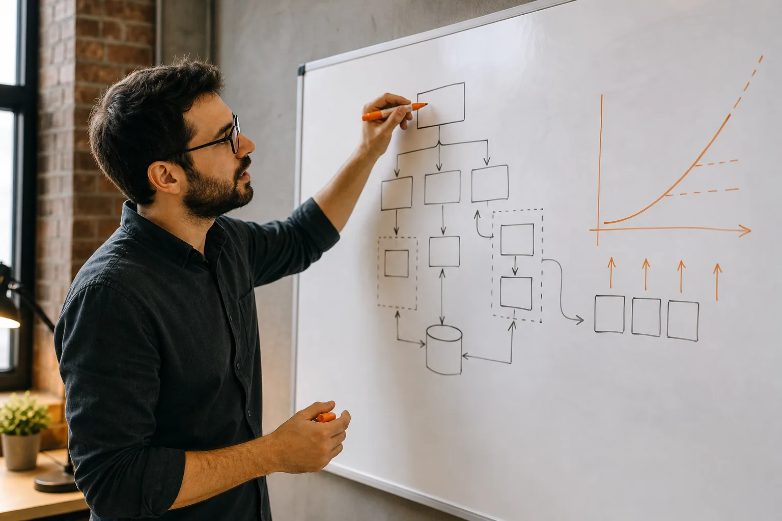 Engineer clarifying distributed system requirements and estimating request load at a whiteboard.