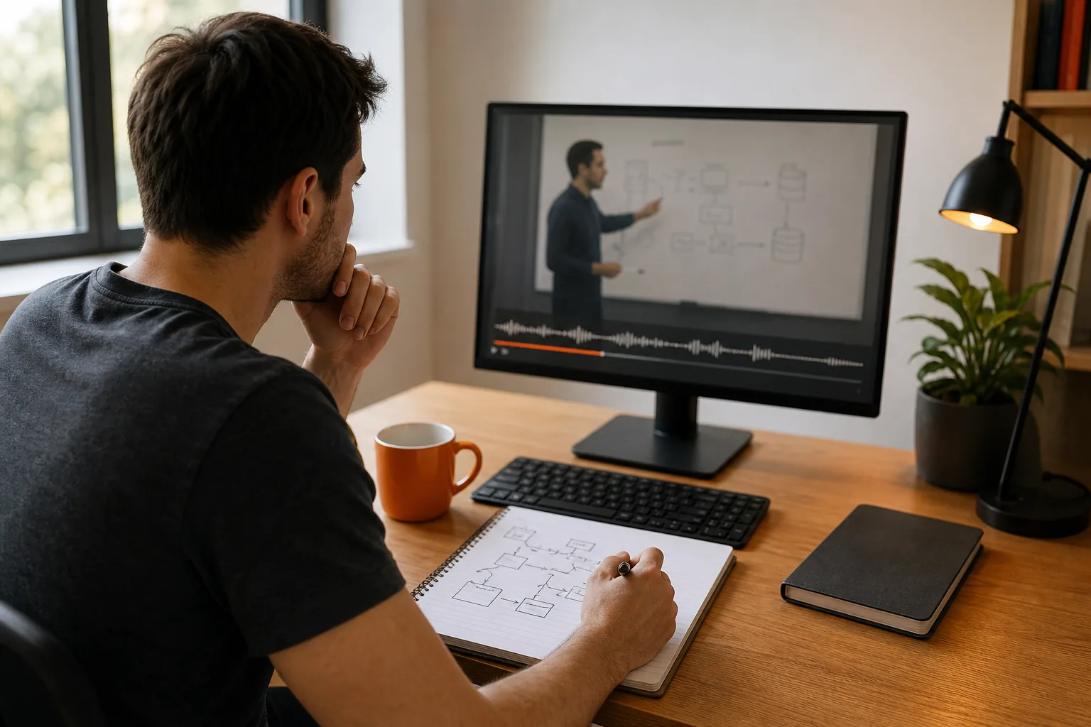 Software engineer reviewing and rehearsing a distributed system design interview answer.