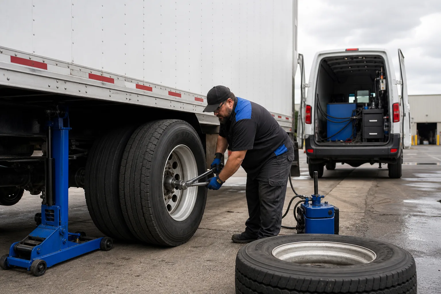 Mobile tire replacement on refrigerated truck wheel