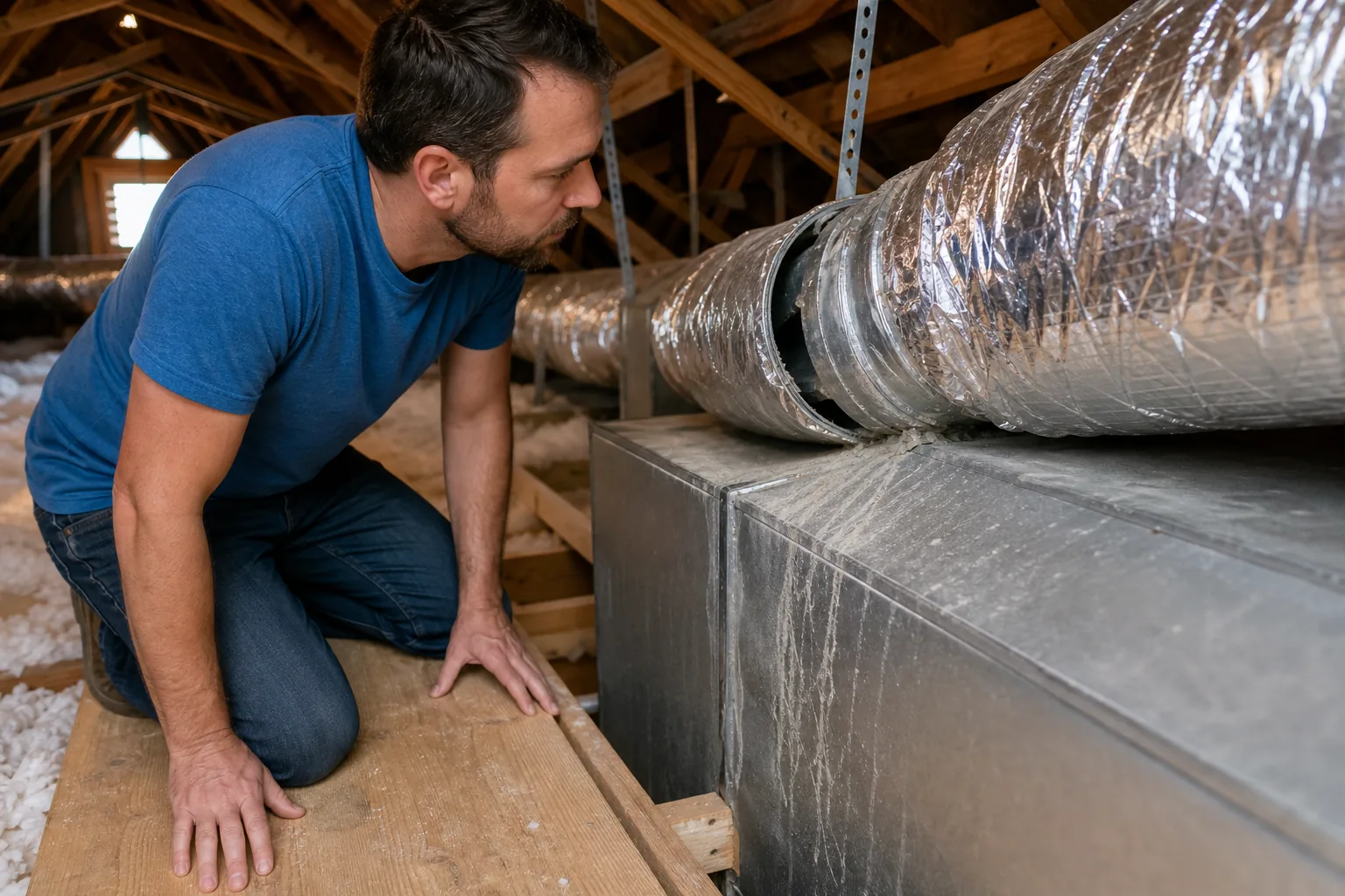 Dust trails and a loose duct joint that may point to leaking ductwork.