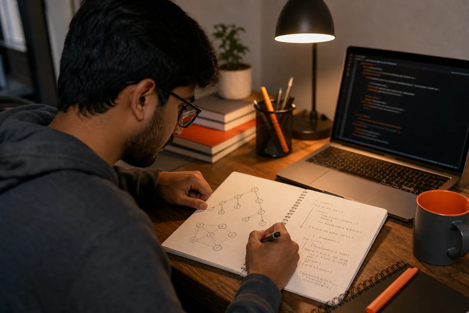 Software engineer reviewing data structures and coding interview algorithms