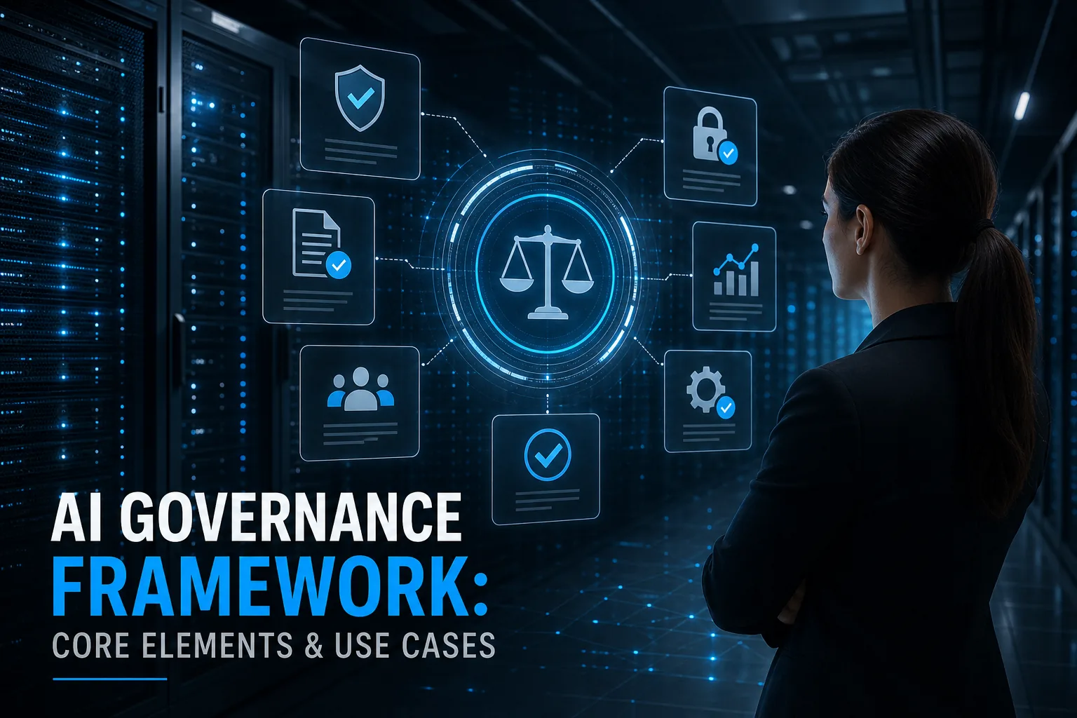 AI governance framework visual representation in a high‑tech environment.