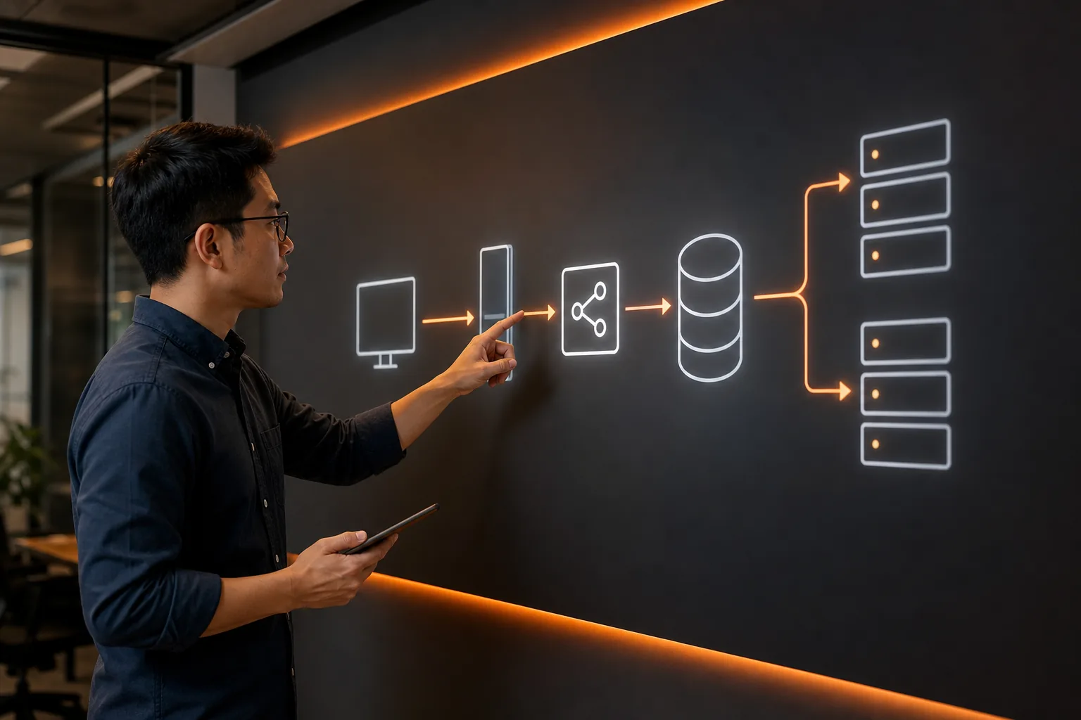 System design traffic flow through a gateway, load balancer, cache, and servers.