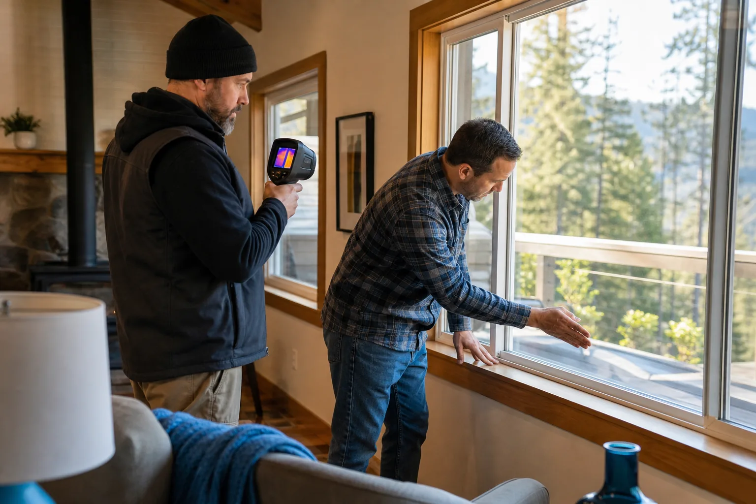 Home energy check for air leaks in a Northern California foothill home.