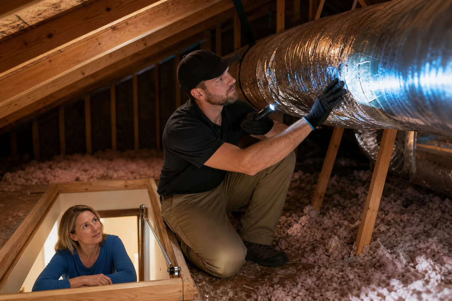 HVAC technician checking duct sealing and insulation in a foothill home.