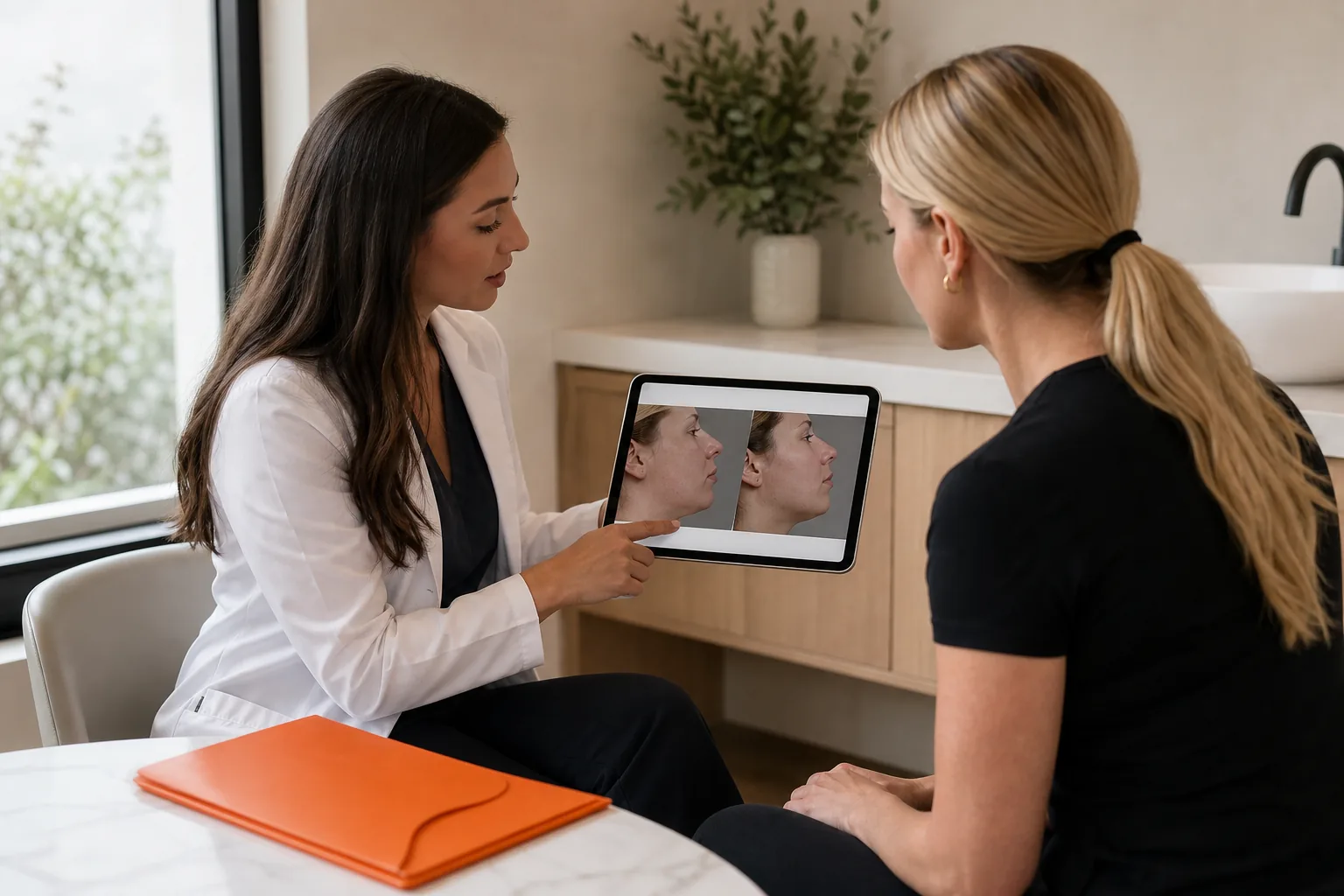 Chin filler before and after photo review during a United States consultation.