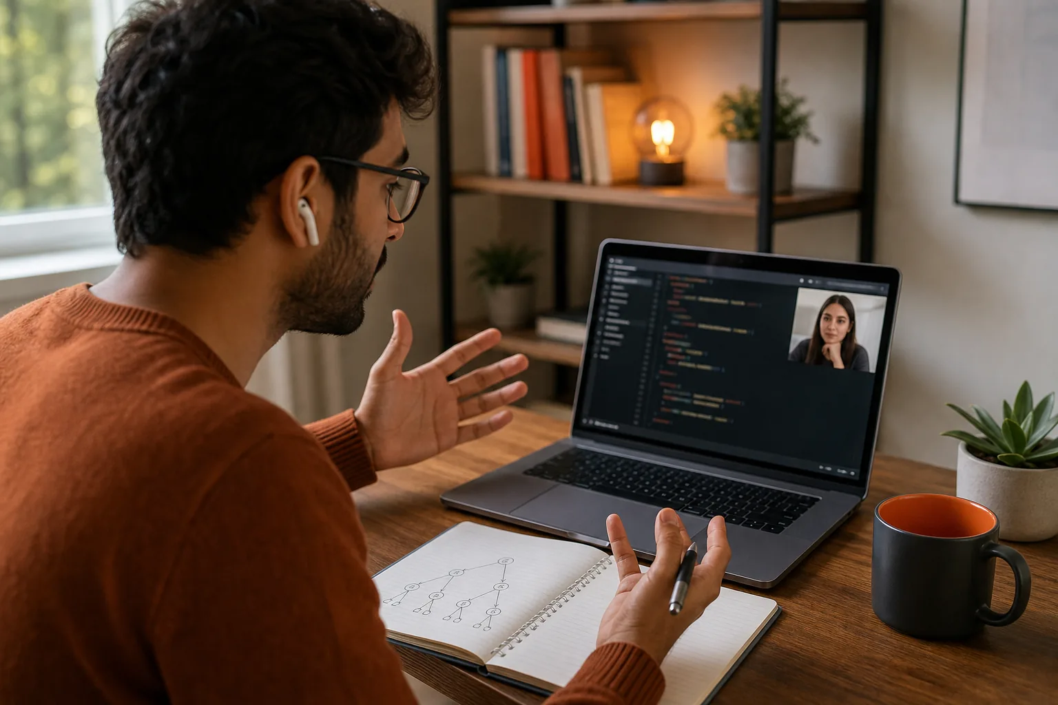 Candidate explaining algorithm reasoning during a coding interview.